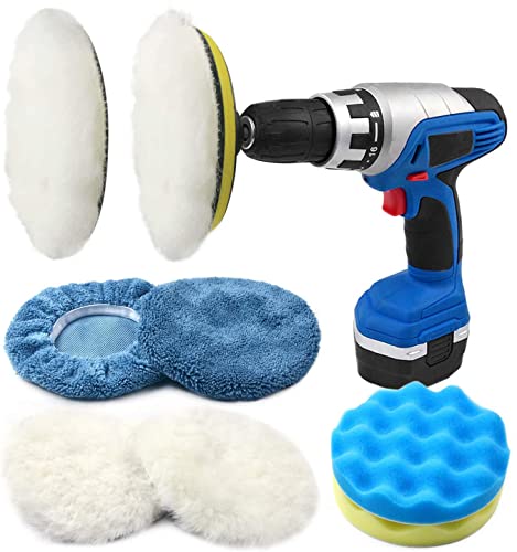 Poliwell 6 Inch Wool Polishing Pad Kit, 4Pcs Woolen Waxing Wheels, 2Pcs Soft Sponge Buffing Pads, 2Pcs Car Polishing Bonnets With M14 Drill Adapter, Total 10 Pack #TOP28