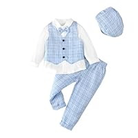 Lito Angels Gentleman Hochzeit Festliche Kariert Weste Anzug Set mit Hut für Kinder Jungen Größe 7 Jahre 122/128, Blau