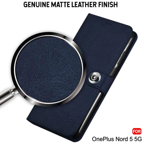 Image of TheGiftKart heGiftKart Genuine Leather Finish Flip Back Cover Case for OnePlus Nord 5 5G | Inbuilt Pockets & Stand | Wallet Style | Designer Button Magnet Flip Back Cover Case (Faux Leather, Blue)