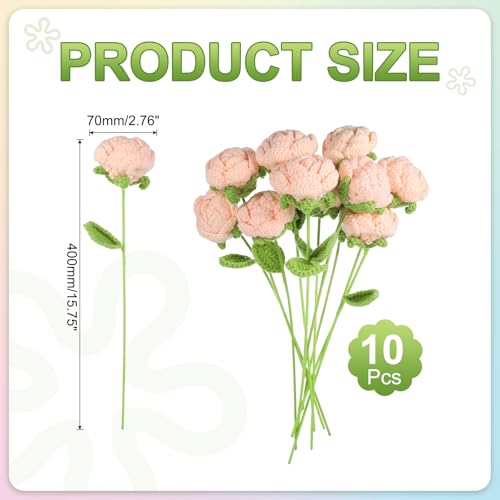 QUARKZMAN Gehäkelte Blumen Handgefertigte Strickrosen Künstliche Gewebte Kleine Topfpflanzen mit Stielen für Valentinstagsgeschenke Zuhause Hochzeit Party Büro, Pink Menge 10