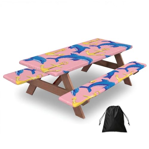 Whale Anchor - Juego de 3 fundas para mesa de camping con protectores de banco, diseño náutico, impermeable, rectangular, con bolsa de almacenamiento