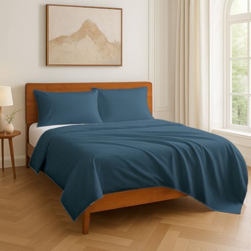 Image of LANE LINEN 400TC Super King Size Bedsheet with 2 Pillow Cases | 100% Cotton 3 Pc Bedding Set (2.74 M x 2.74 M) | Breathable & Wrinkle-Free | Sustainable & Eco Friendly Bedding Set (Denim)