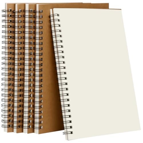 Ixydor Pack de 5 Cuadernos A5, Cuaderno A5 Hojas Blancas, Bloc de Notas A5 Espiral, Notebook sin Líneas, Cubierta de Kraft, 60 hojas/120 Páginas, Libreta A5 Hojas Blancas para Escribir, Dibujo