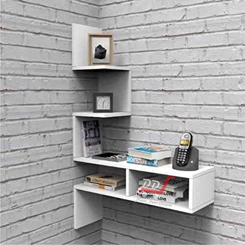 Image of Engineered Wood Big Zigzag Corner Wall Shelf for Living Room and Home Decor (White Combination) (White)