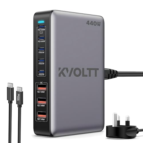 440W USB charging station - Gan Charger with 5 USB C & 3 USB A Ports, 100W 65W USB charging hub with USB C multi charger,Compatible with MacBook Lenovo Laptop iPhone iPad - 100W USBC Cable Included