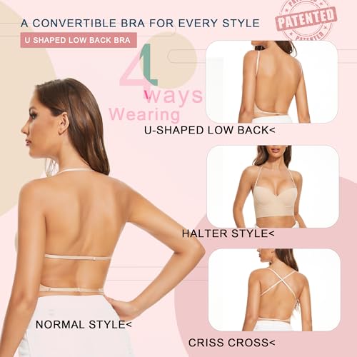 Low Back Bras for Women-Seamless Lightly Lined Invisible Backless Bra-Underwire Plunge Open Back Multiway Halter Bra4