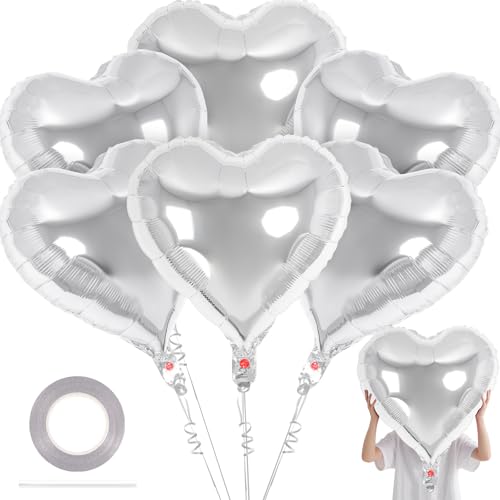 Image of 6 Pcs 32 Inch Silver Heart Balloons, Giant Heart Shape Foil Balloons Love Balloon Valentine Balloon for Birthday Party Wedding Engagement Party Baby Shower Valentine Day Decorations