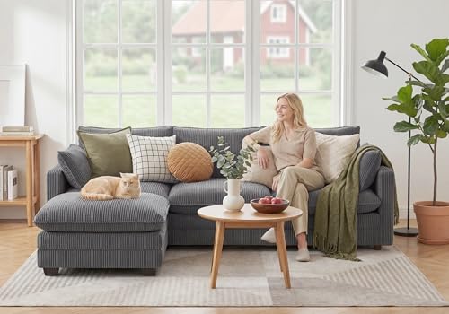 Image of Gizoon 110'' Oversized L Shaped Couch for Living Room, Cloud Couches with Washable Corduroy Cover, Modern 4-Seater Comfy Deep-Seat Sofa with Movable Ottoman and 2 Throw Pillows for Apartment, Gray