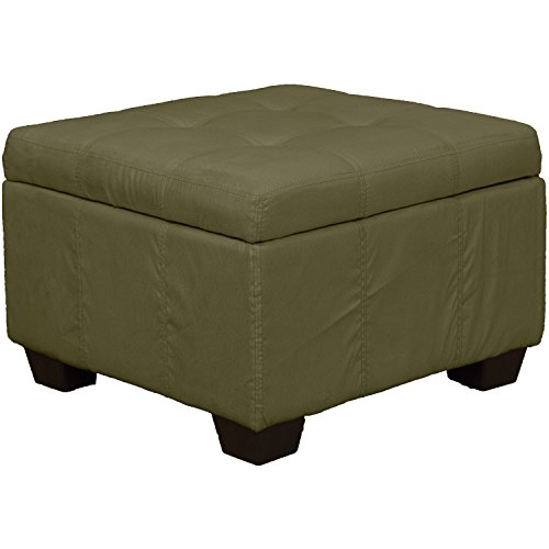 24" x 24" x 18" high Tufted Padded Hinged Storage Ottoman Bench, Microfiber Suede Olive Green
