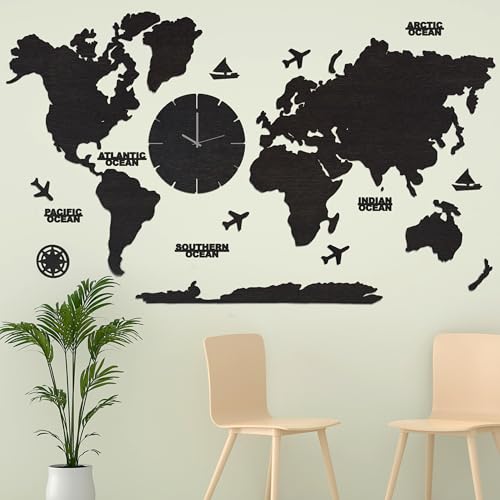Image of rawpockets - 3D Wooden World Map With Clock Wall Decor | Wall Art, Wall Hangings & Gift | Travel Map | Living Room & Bedroom Wall | Working Space - Black Wood Color - Medium Size (140 X 85 CM)