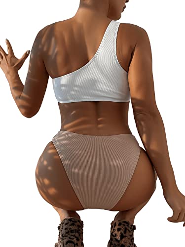 Sweatyrocks Women's Two Piece Bathing Suit Color Block One Shoulder Ribbed Bikini Swimsuit Khaki And White L #TOP4