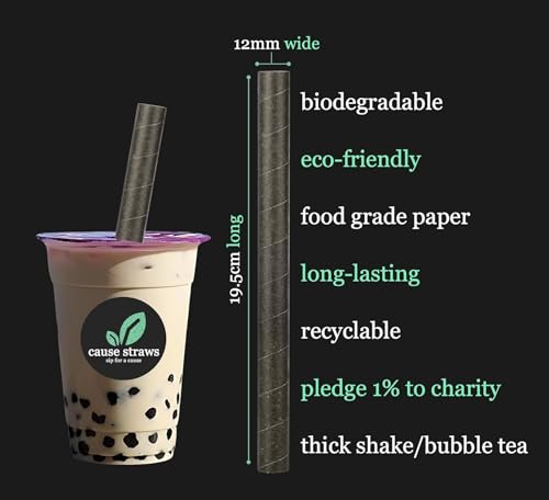 Image of (12mm, 50 Straws) | Biodegradable Premium Drinking Straws | Black Colour | for Thick Shakes and Bubble Tea /Boba Tea | Sip for A Cause | (12MM, Black)