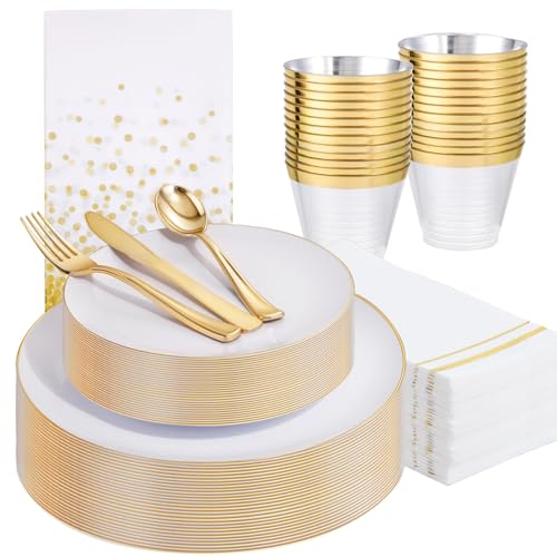 Festiva 175PCS White and Gold Plastic Plates - White with Gold Rim Fall Dinnerware Set - 25Guest...
