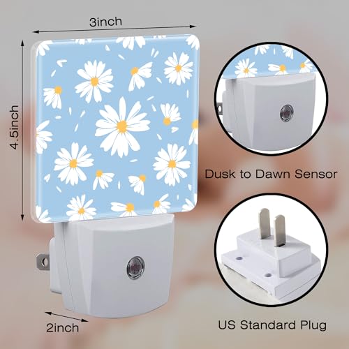 Image of Watercolor White Daisies Flowers Night Light for Kids,Abstract Floral Flying Petals Night Light Plug in with Dusk to Dawn Sensor,0.5w Energy Saving Nightlight for Hallway Stairway Kitchen Bedroom