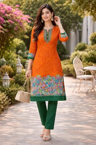 Image of Women's Cotton Blend Unstitched Kurti Set for Women | A-Line Style Dress Material | 2-Piece Traditional Ethnic Wear Suit Fabric