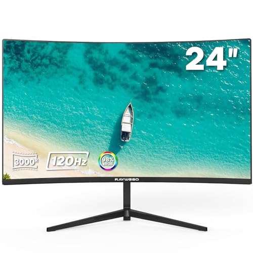 Raywego 24 inch Curved Monitor 120Hz 1ms, Computer Gaming Monitor FHD 1920×1080P,3000:1 Contrast Ratio, with FreeSync & Eye-Care Technology, HDMI×1,VGA×1 for Gaming Home Office,Wall Mount Install