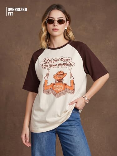 Image of JUNEBERRY 100% Pure Cotton Oversized Baggy Fit Drop Shoulder Round Neck Graphic Printed Raglan Sleeve T-Shirt for Women (Sizes: S to 2XL)