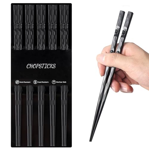 Kucensi 5-Paar Fiberglas Essstäbchen Spülmaschinenfeste, Wiederverwendbare Legierung Schwarze japanische Sushi Rutschfeste Essstäbchen Set