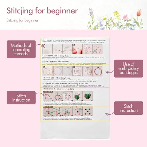 Image of wtisan Embroidery Kit, 4 Sets Embroidery Kit for Beginners with Stamped Flower Pattern, Cross Stitch Starter Kits for Adults Hand Craft Lover with Embroidery Hoop, Instructions and Threads