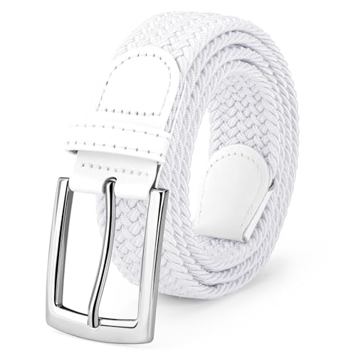 SUOSDEY Elastic Fabric Braided Belts for Men, Stretch Woven Belts for Golf Casual Jeans Shorts,white