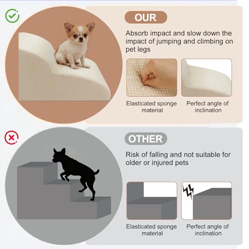 Ezvsevuo Hundetreppe für Kleine Hunde, 2 Stufen Haustiertreppe für Couch aus Hochdichtem Schwamm, Hunderampe aus Schwamm für Sofa Bett, Hunde Treppen mit Abnehmbarer Bezug, Senden Fusselrolle, Beige