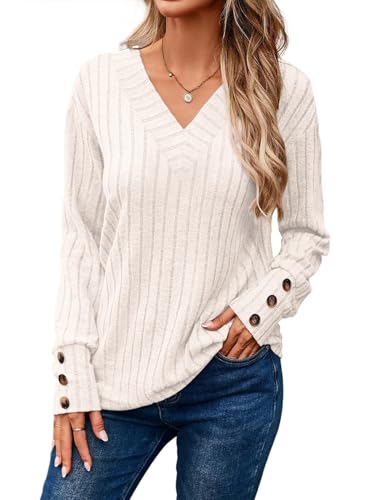 Image of Dokotoo Womens Tops V Neck Lightweight Sweater Fall Long Sleeve Top 2026 | Decorative Buttons, Soft Breathable Knit Material, Pullover Tunic Tops, Business Casual, Fall Outfits, Winter Clothing 2026