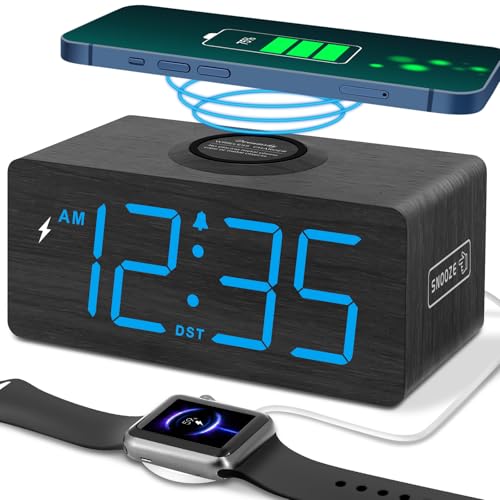 DreamSky Wooden Digital Alarm Clock with Wireless Charging for Bedroom, Bedside Nightstand Clock with Charger Station, USB Port, Large Numbers, Adjustable Volume, Brightness Dimmer, DST