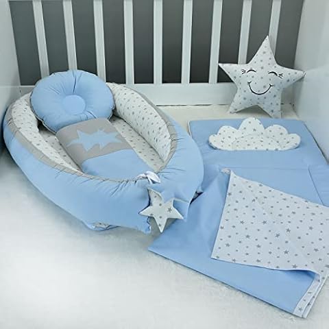 Baby Nest Set 6 Pcs - Baby Nest(Inc. Mattress), Nursing Set, Blankets,Pillows (Blue) Cover
