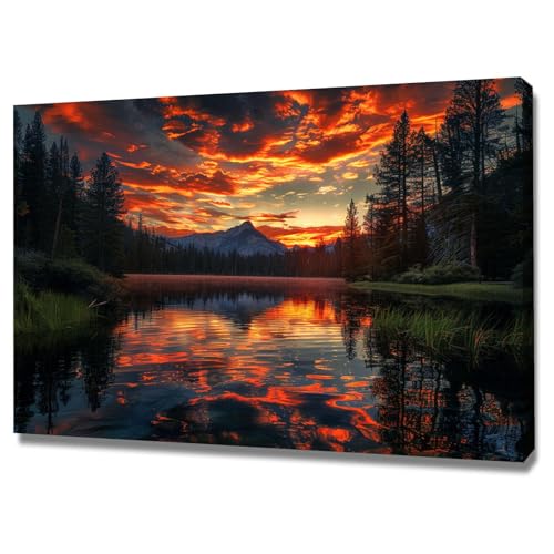 Impression sur toile montagnes et lac 40x60cm encadrée pour décoration murale