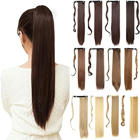 24" Long Straight Wrap Around Ponytail Extensions, Synthetic Ponytail Hair Extensions Hairpiece, Hair Bun, Hair Chignons, Hair Piece in Magic Paste Wig for Women 110g (2/30) Cover