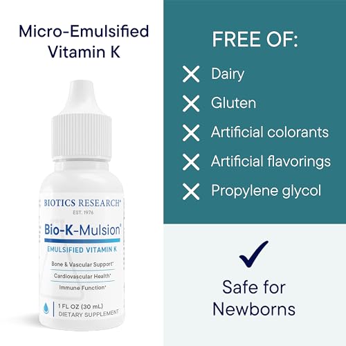 biotics research bio k mulsion liquid vitamin k drops - 500 mcgs - vitamin k1 phytonadione for adults - vit k supplement - strong bones heart health blood clotting support 1 fl oz