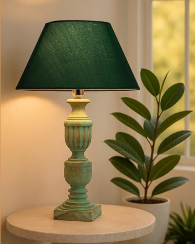 Image of Homesake Handcrafted Wooden Table Lamp for Living Room & Bedroom | Bedside Rustic Algae French Table Lamp with Fabric Shade | Included Bulb | Decorative Wooden Night Lamp for Home Decor, Green