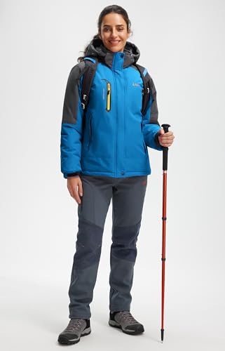 Libin Winterjacke Damen Warm Skijacke Outdoor Sportjacke Wanderjacke Damen Wasserdicht Atmungsaktiv Fleece Dicke Gefüttert Übergangsjacke Reitjacke mit Abnehmbarer Kapuze Blau, M
