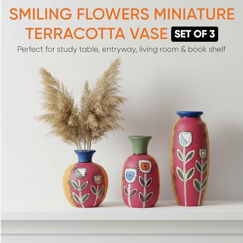 Image of Aakriti Art Creations Smiling Flowers Colorful Vases Set of 3 in Magenta | Handmade Terracotta Flower Vases | Matte Finish Decorative Vases for Living Room, Table Decor & Gifting