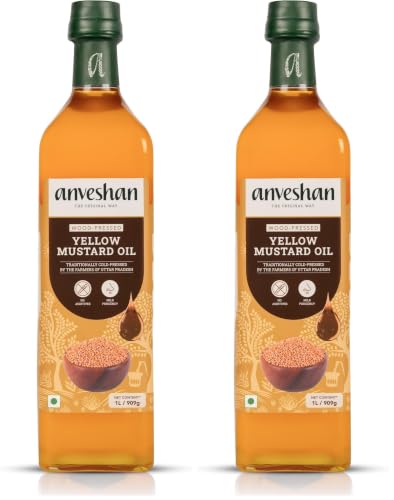 Image of Anveshan Wood Cold Pressed Yellow Mustard Oil - 1 Litre | Glass Bottle | Kolhu /Kacchi Ghani /Chekku | A1 Grade Mustard Seeds & 0 trans fat| Rich Aroma | Naturally Cholesterol Free & Goodness of Omega 3
