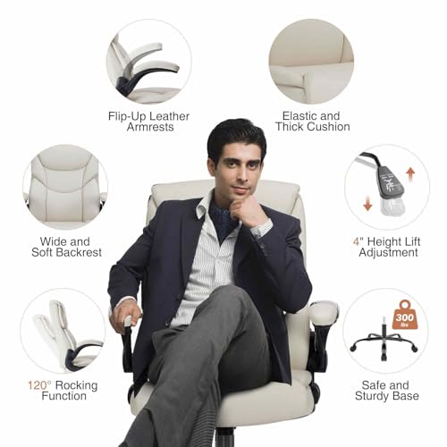 Sweetcrispy Ergonomic Office Chair, PU Leather, Flip-up Arms and Adjustable Height, Big and Tall Executive Desk Chair with Wheels for Home Office, White image 4