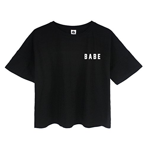 YITAN Women's Fashion Funny Tees Graphic Loose T Shirt Cute Relaxed Split Crop Top Black Small