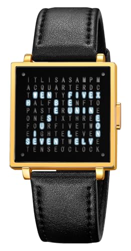 Gosasa Men’s Square Word-Matrix LED Watch Read Time in Words 30 m Waterproof Big Face Multifunctional Date Wristwatch Vintage Luxury Business Dress Timepiece Stainless Steel or Gold/Silver Toned