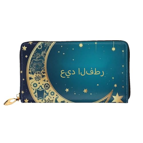 Eid al-Fitr crescent moon and stars Leather Wallet for Women Long Coin Purse Ultra Slim Credit Cards Holder Bifold Clutch