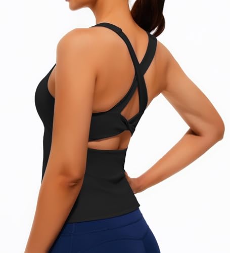 Smooth Workout Tank Top with Built-in Bra Cross Back Athletic Yoga Tops Stretchy Sports Camisole for Gym Pilates