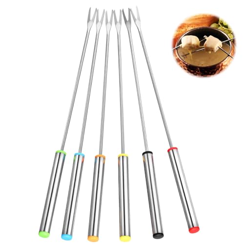 Mabor Edelstahl Fondue Gabeln Set, 6 Stück Fonduegabeln mit Griff, Pralinengabel & Fondue Spieße (24cm), Zubehör Hot Pot für Käse, Schokolade, Dessert Kleine Gabeln