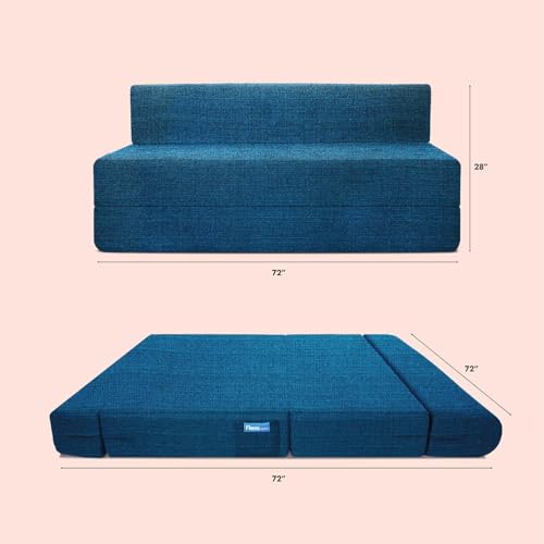 Image of Starlon 3 Seater Sofa Cum Bed Foldable 3-in-1 Sofa Bed with 1 Year Warranty, Washable Jute Fabric Cover & 2 Floral Pillows | Queen Size Guest Bed | Pre-Assembled Aqua Teal 6x6 Ft