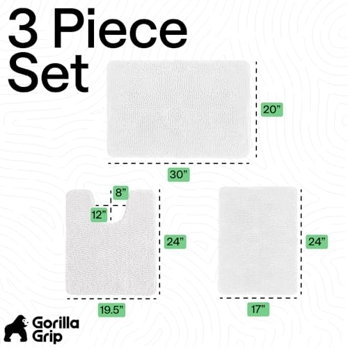 Image of GORILLA GRIP Bathroom Rug Sets 3 Piece, Bath Mat Set and Oval Toilet Base with Rubber Backing, Plush Absorbent Shaggy Chenille Washable Mats, Includes 24x19.5, 24x17 and 30x20 Inch Rugs, White