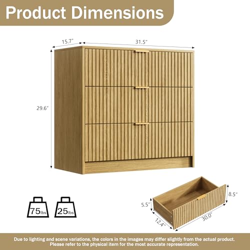 Image of Furniway 31.5 inch Large Nightstand with 3 Drawers, Fluted Bedside Table, Modern Tall End Table with Storage, Wood Night Stand Organizer Cabinet for Bedroom, Natural Oak