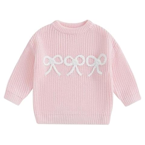 Aiwpstoin Baby Girl Knit Sweater Cute Bow Chunky Knitted Pullover Sweatshirt Toddler Girls Fall Winter Clothes (H Pink, 3-4 Years) Cover