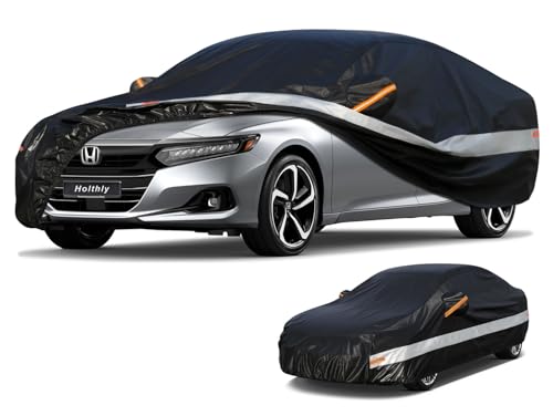 Image of Holhtly Car Cover Custom Fit for Honda Accord, Car Covers for Automobiles All Weather Waterproof Sun Snow Rain Wind Dust Protection, Outdoor Car Cover Black & Grey