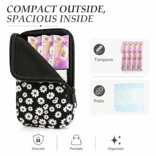 Image of KJQJLY 2 Pack Portable Tampon Organizer Bag Tampon Holder & Storage Case with Zipper for Travel, Discreet Period Bag for Purse, Waterproof Feminine Products Pouch for Women (Black & White Daisy)