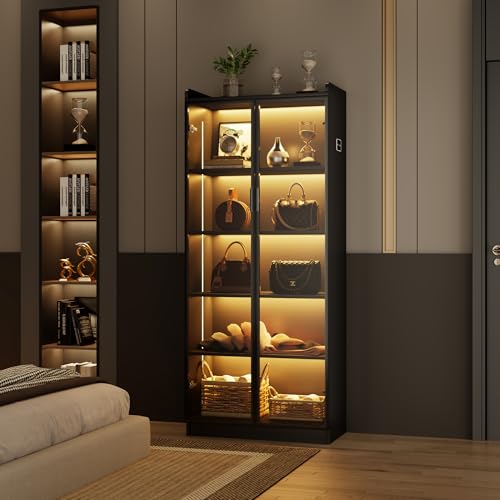 FREDEES Vitrine mit LED Beleuchtung, 5-stöckige Sammlervitrine mit Intelligente Sensorik, Acryl Standvitrine mit Verstellbaren Einlegeböden für Wohnzimmer Büro, Schwarz