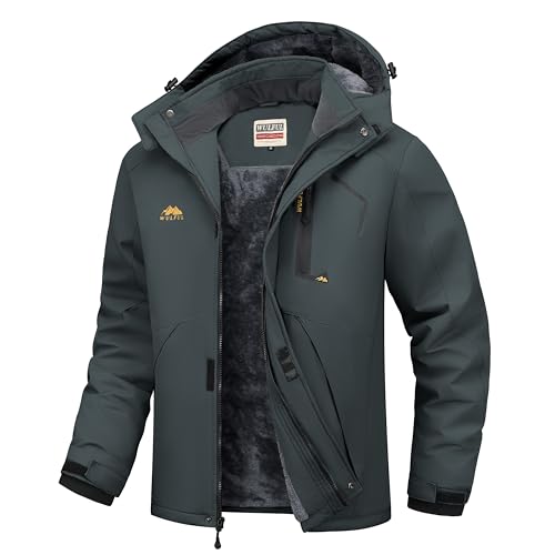 WULFUL Men's Ski Jackets Warm Winter Snow Windbreaker Resistant Snowboard Fleece Coat Mountain Waterproof Parka with Hood Dark Grey Large