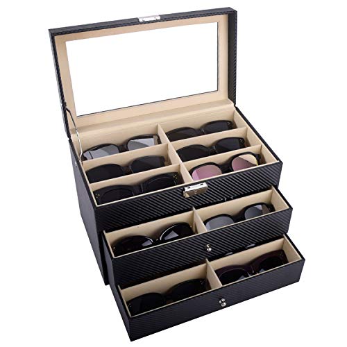 AUTOARK Carbon Fiber Leather 18 Piece Eyeglasses Storage and Sunglass Glasses Display Drawer Lockable Case Organizer,Black,AW-057